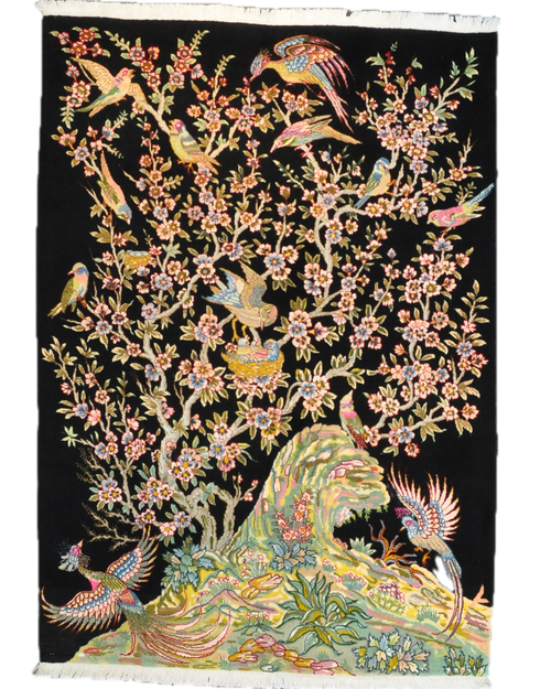 Tappeto persiano Tabriz Fine con motivo Albero della Vita e uccelli su fondo nero, misura 146x102 cm