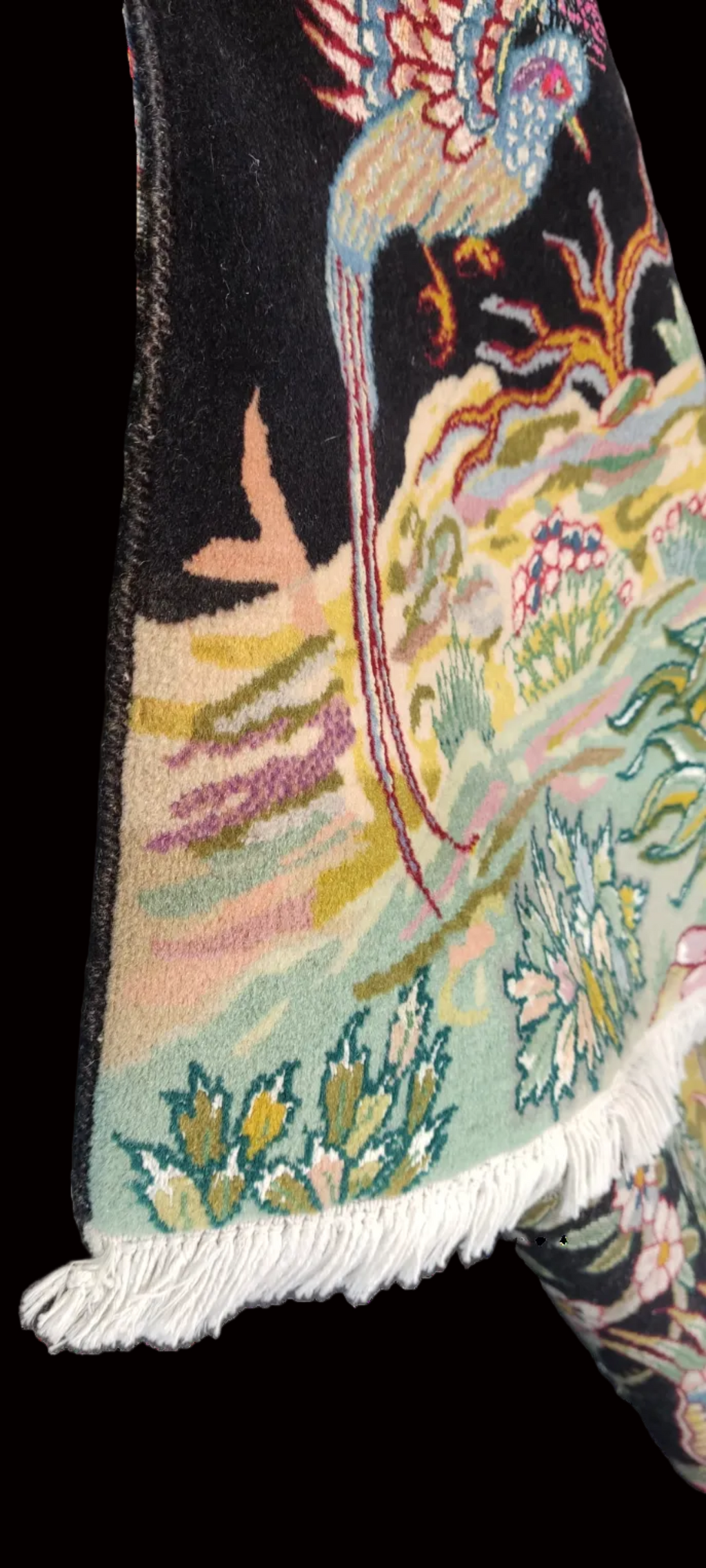 Tappeto persiano Tabriz Fine con motivo Albero della Vita e uccelli su fondo nero, misura 146x102 cm