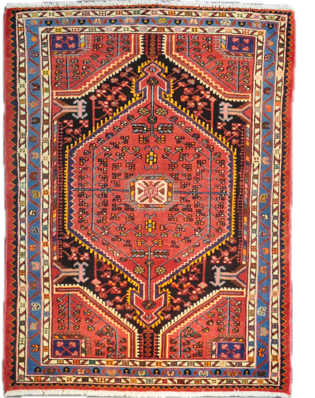 Tappeto persiano Tuserkan annodato a mano con medaglione geometrico centrale su fondo rosso e bordura blu, misura 150x112 cm