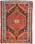 Tappeto persiano Tuserkan annodato a mano con medaglione geometrico centrale su fondo rosso e bordura blu, misura 150x112 cm