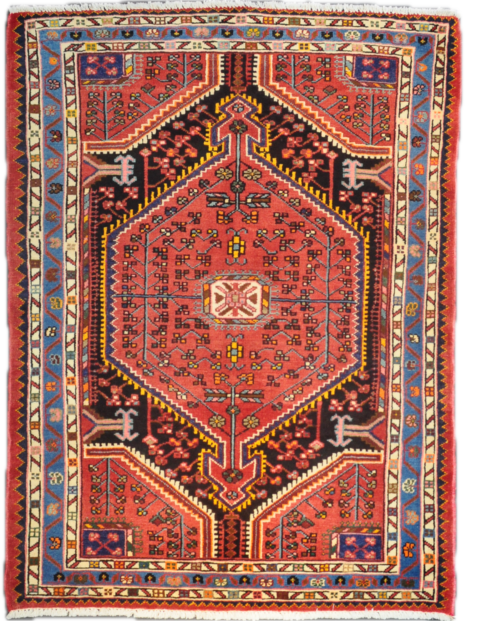 Tappeto persiano Tuserkan annodato a mano con medaglione geometrico centrale su fondo rosso e bordura blu, misura 150x112 cm