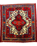 Tappeto persiano Tuserkan quadrato 130x130 cm rosso e blu con medaglione geometrico