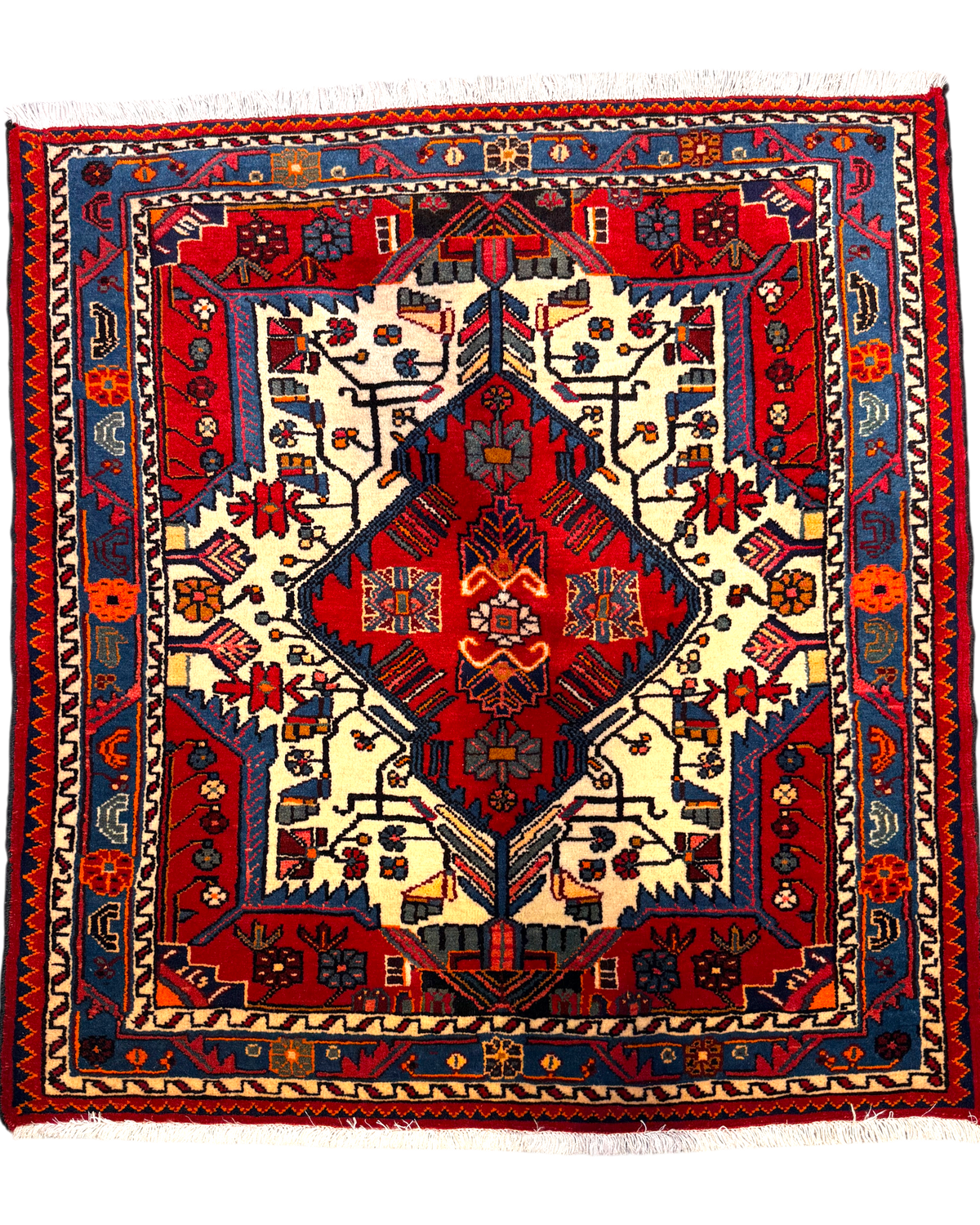 Tappeto persiano Tuserkan quadrato 130x130 cm rosso e blu con medaglione geometrico