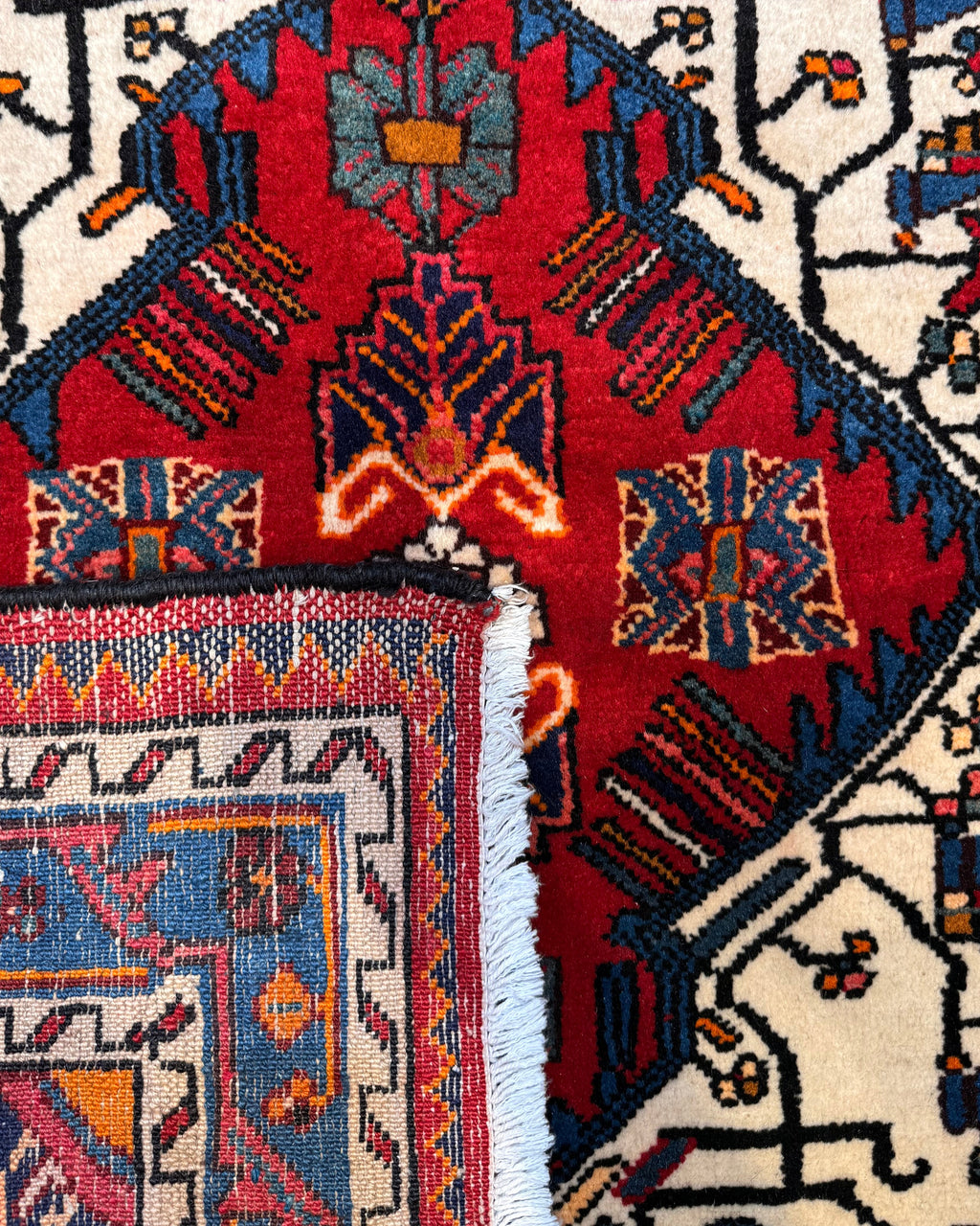 Tappeto persiano Tuserkan quadrato 130x130 cm rosso e blu con medaglione geometrico