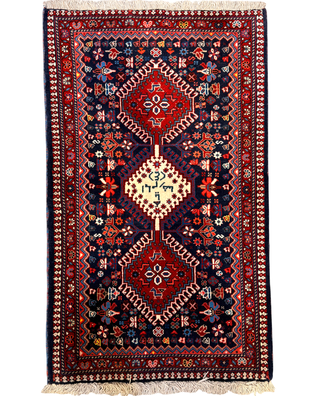 Tappeto persiano Yalameh blu 105x64 cm con tre medaglioni geometrici