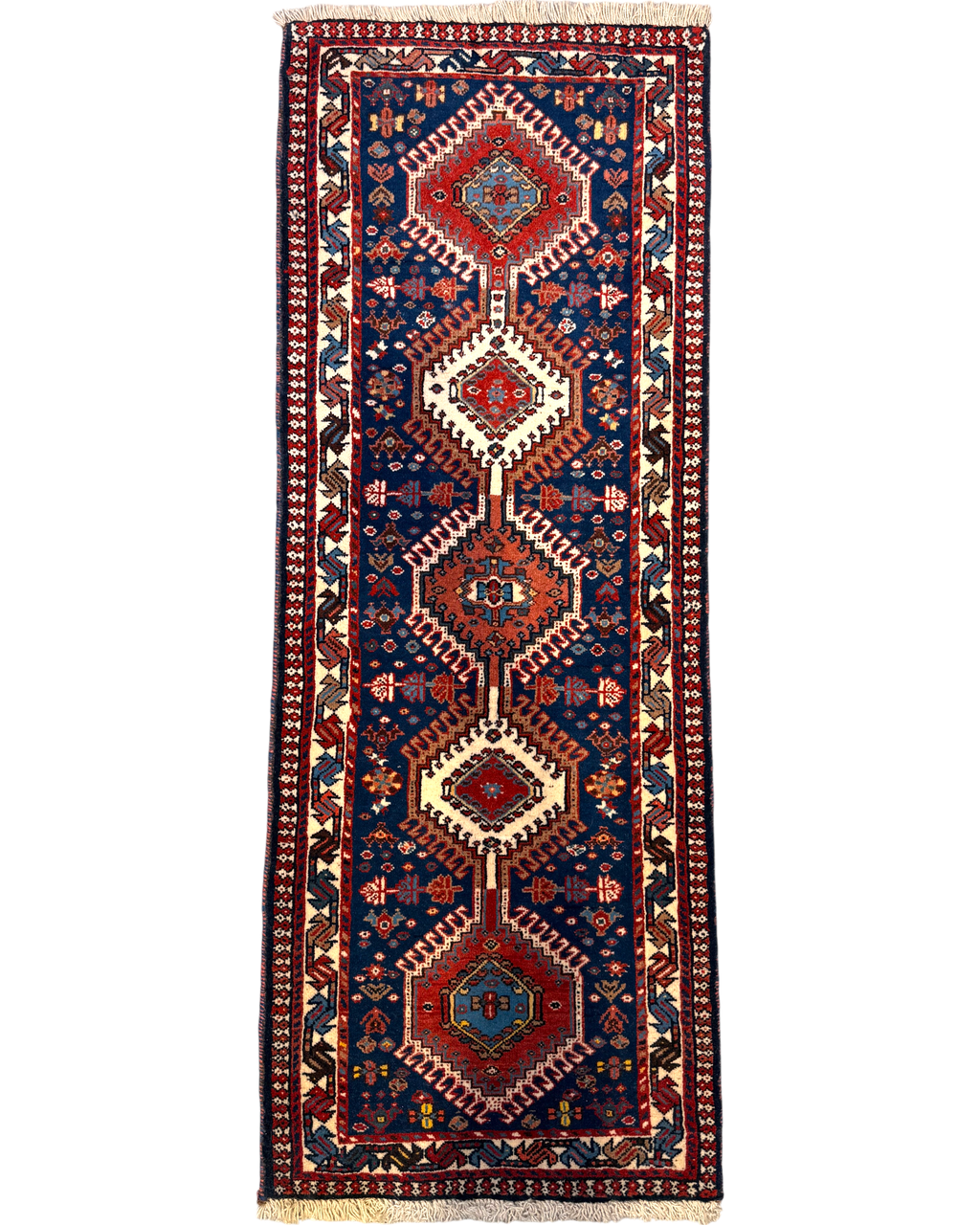 Tappeto persiano Yalameh blu 146x55 cm con medaglioni geometrici