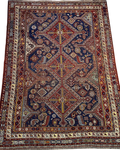 Tappeto Qashqai antico usato 243x140 cm persiano con motivi geometrici blu e rossi