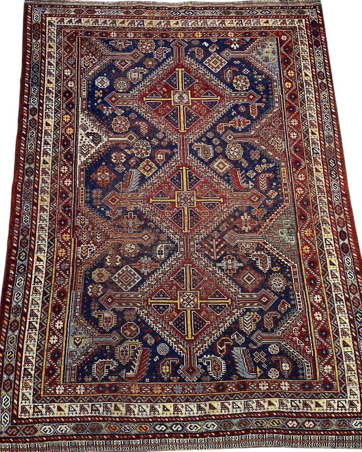 Tappeto Qashqai antico usato 243x140 cm persiano con motivi geometrici blu e rossi