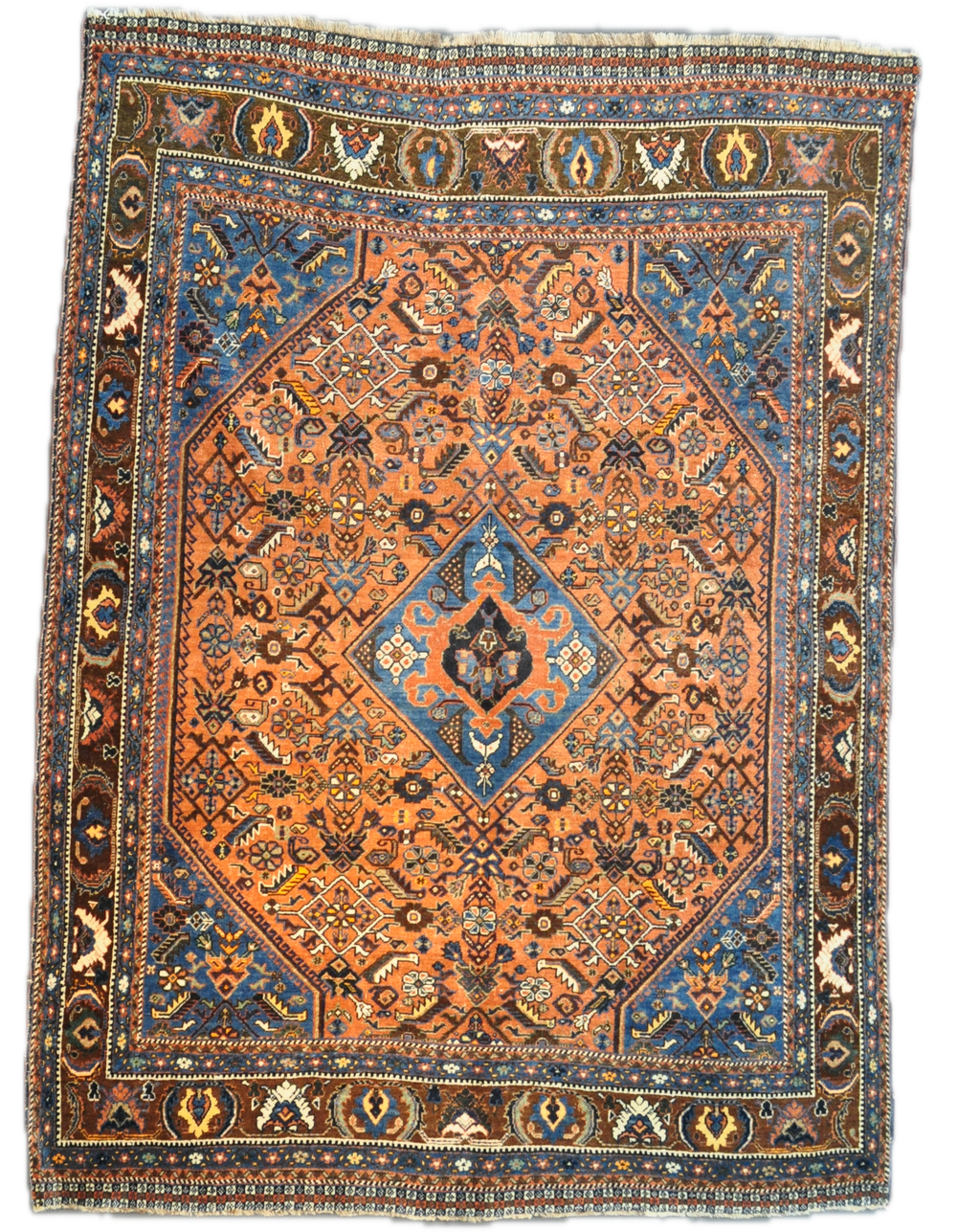 Tappeto Qashqai persiano annodato a mano con medaglione centrale azzurro e motivi tribali su fondo terracotta, misura 162x112 cm