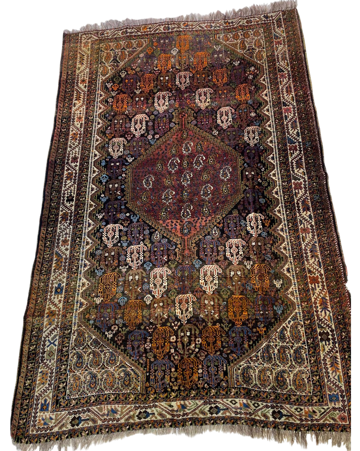 Tappeto persiano Qashqai usato 205x165 cm con medaglione e motivi tribali geometrici