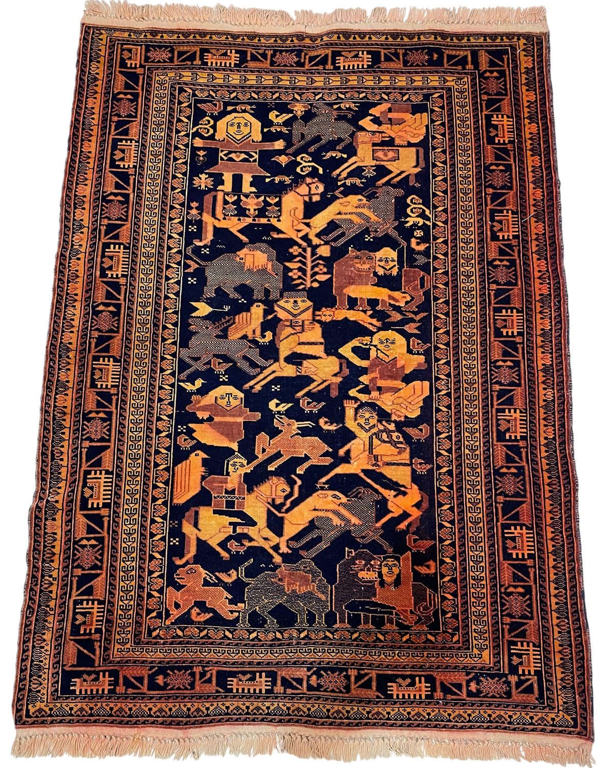 Tappeto persiano Qassem Abad usato 150x95 cm con disegno figurativo di persone e animali su fondo blu scuro