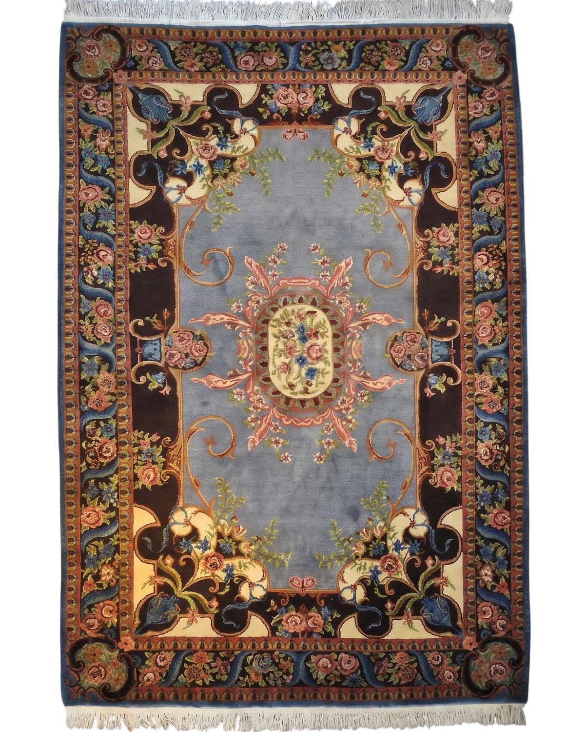 Tappeto rumeno usato 252x178 cm azzurro con medaglione centrale e decorazioni floreali