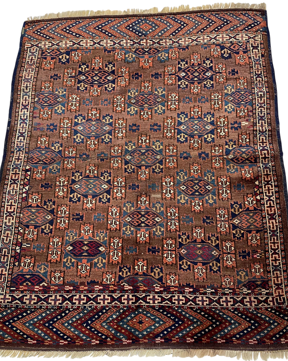 Tappeto russo antico usato 130x110 cm annodato a mano con motivi geometrici policromi
