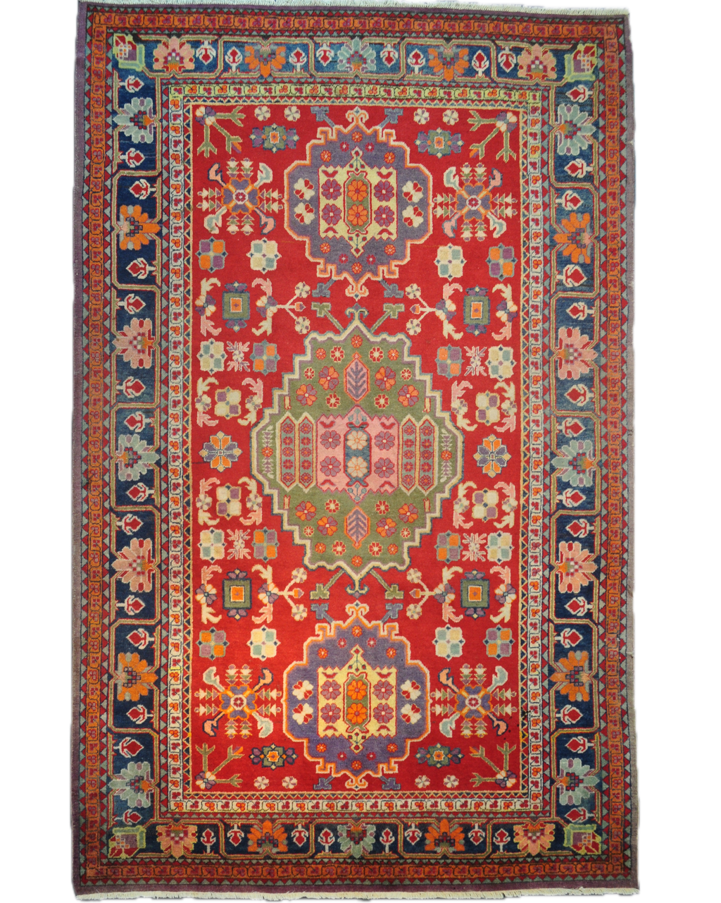 Tappeto Samarkanda annodato a mano con fondo rosso e motivi geometrici dell'Asia Centrale, misura 263x163 cm