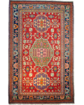 Tappeto Samarkanda annodato a mano con fondo rosso e motivi geometrici dell'Asia Centrale, misura 263x163 cm