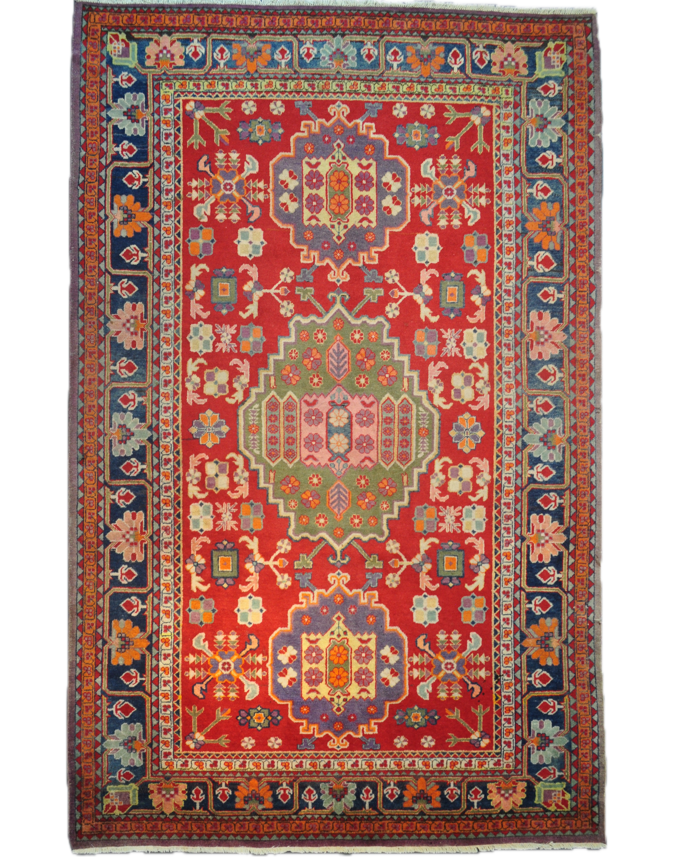 Tappeto Samarkanda annodato a mano con fondo rosso e motivi geometrici dell'Asia Centrale, misura 263x163 cm