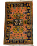 Tappeto Samarkanda usato 123x81 cm annodato a mano con motivi geometrici su fondo rosa salmone e bordura blu