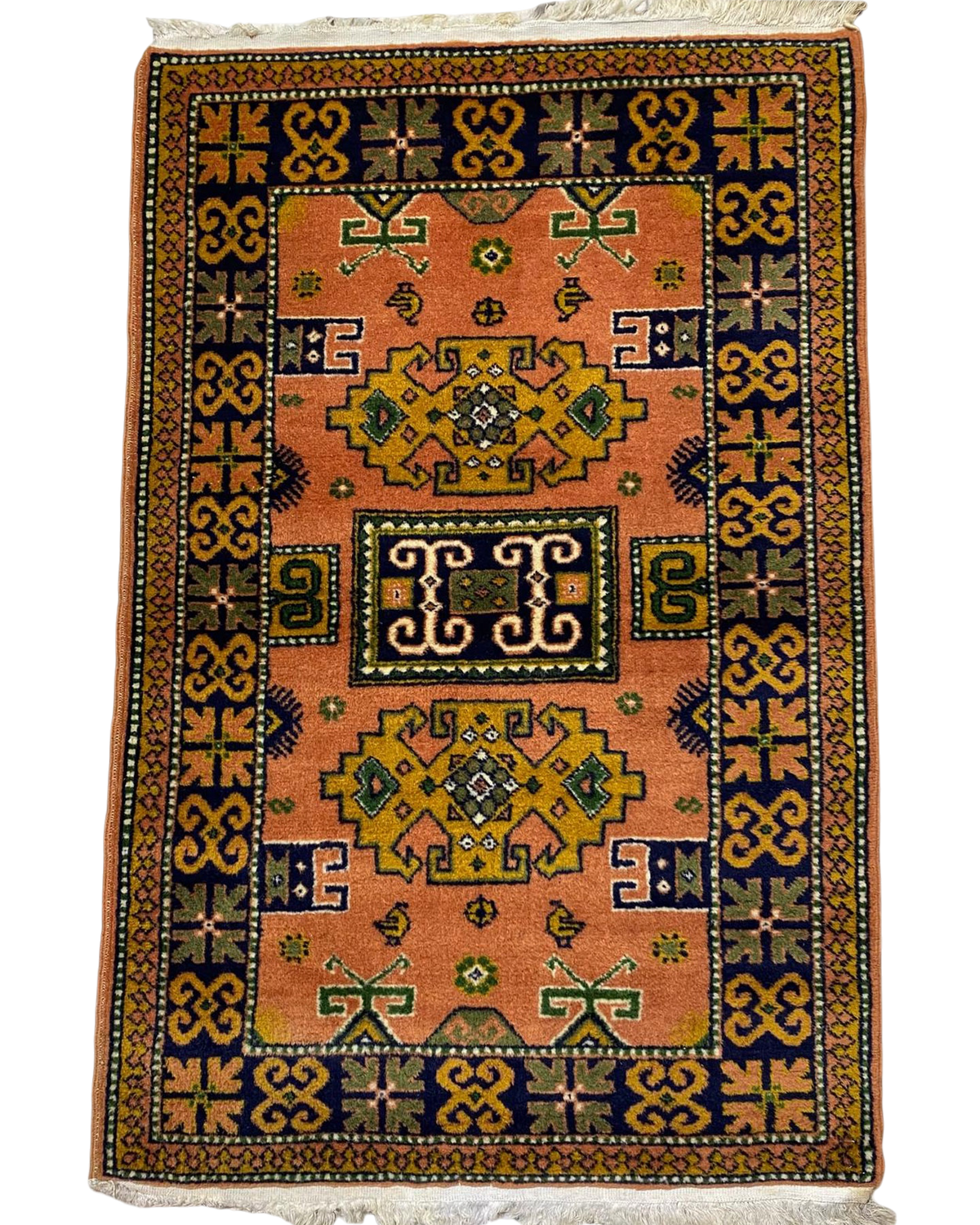 Tappeto Samarkanda usato 123x81 cm annodato a mano con motivi geometrici su fondo rosa salmone e bordura blu