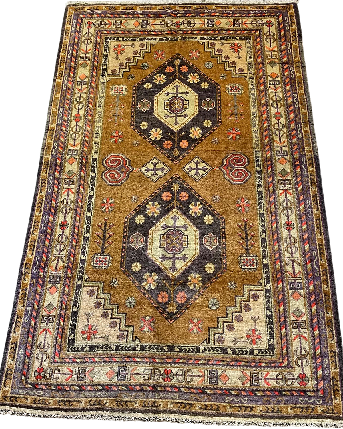 Tappeto Samarkanda usato 175x160 cm annodato a mano con medaglioni geometrici nei toni ocra e marrone