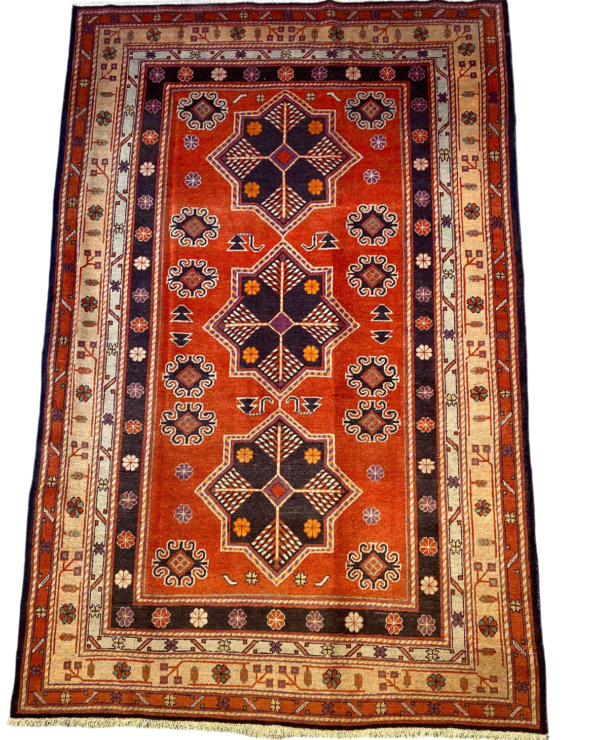 Tappeto Samarkanda usato 255x160 cm con tre medaglioni geometrici su fondo terracotta