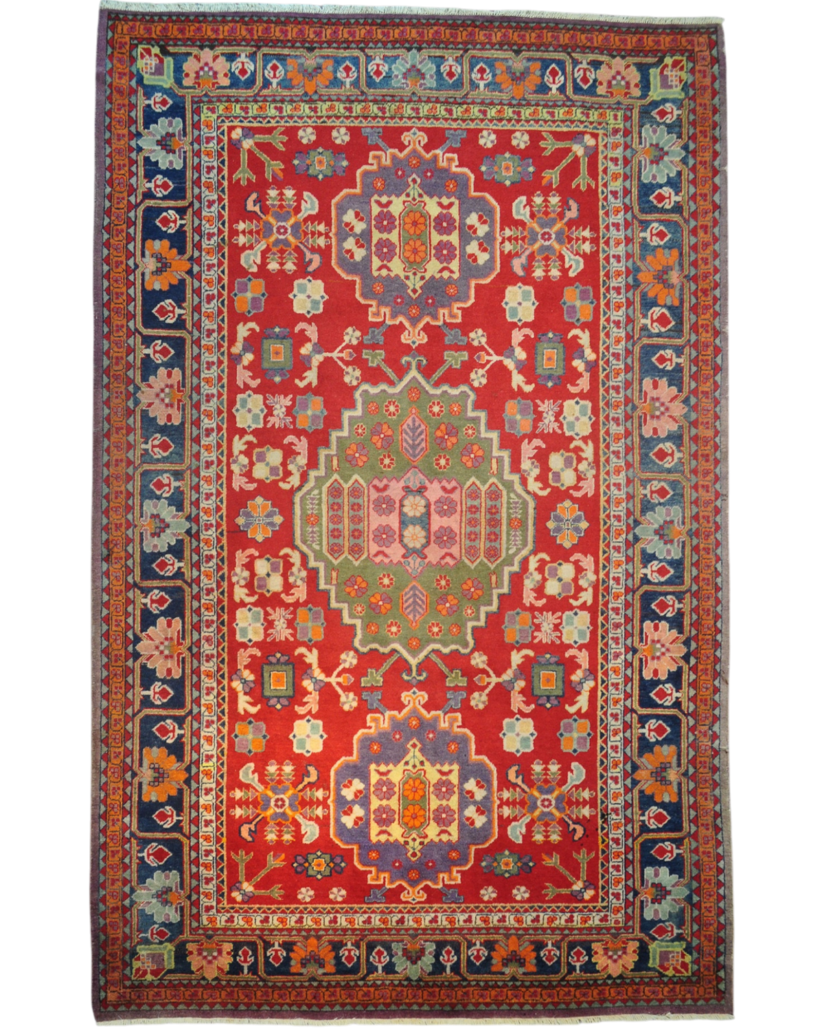 Tappeto Samarkanda usato 263x163 cm con medaglioni geometrici su fondo rosso