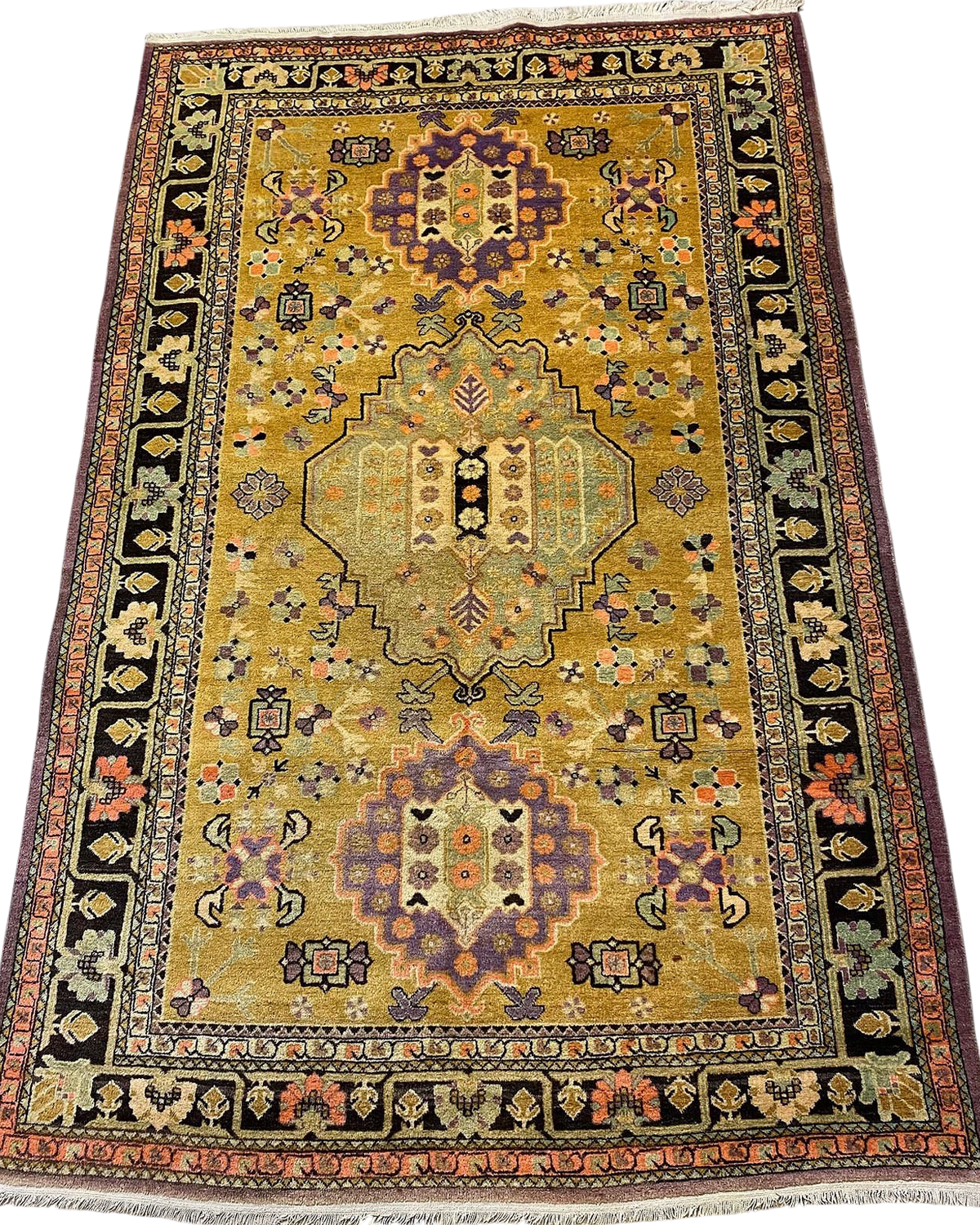 Tappeto Samarkanda usato 275x177 cm annodato a mano con medaglione geometrico su fondo ocra
