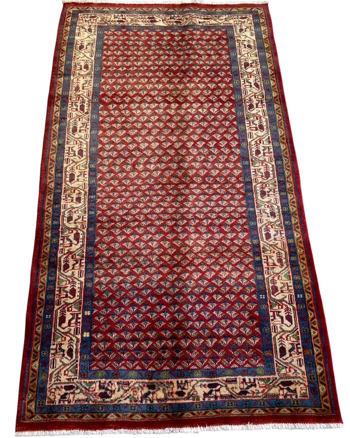 Tappeto persiano Saraband usato 195x100 cm con motivo geometrico su fondo rosso