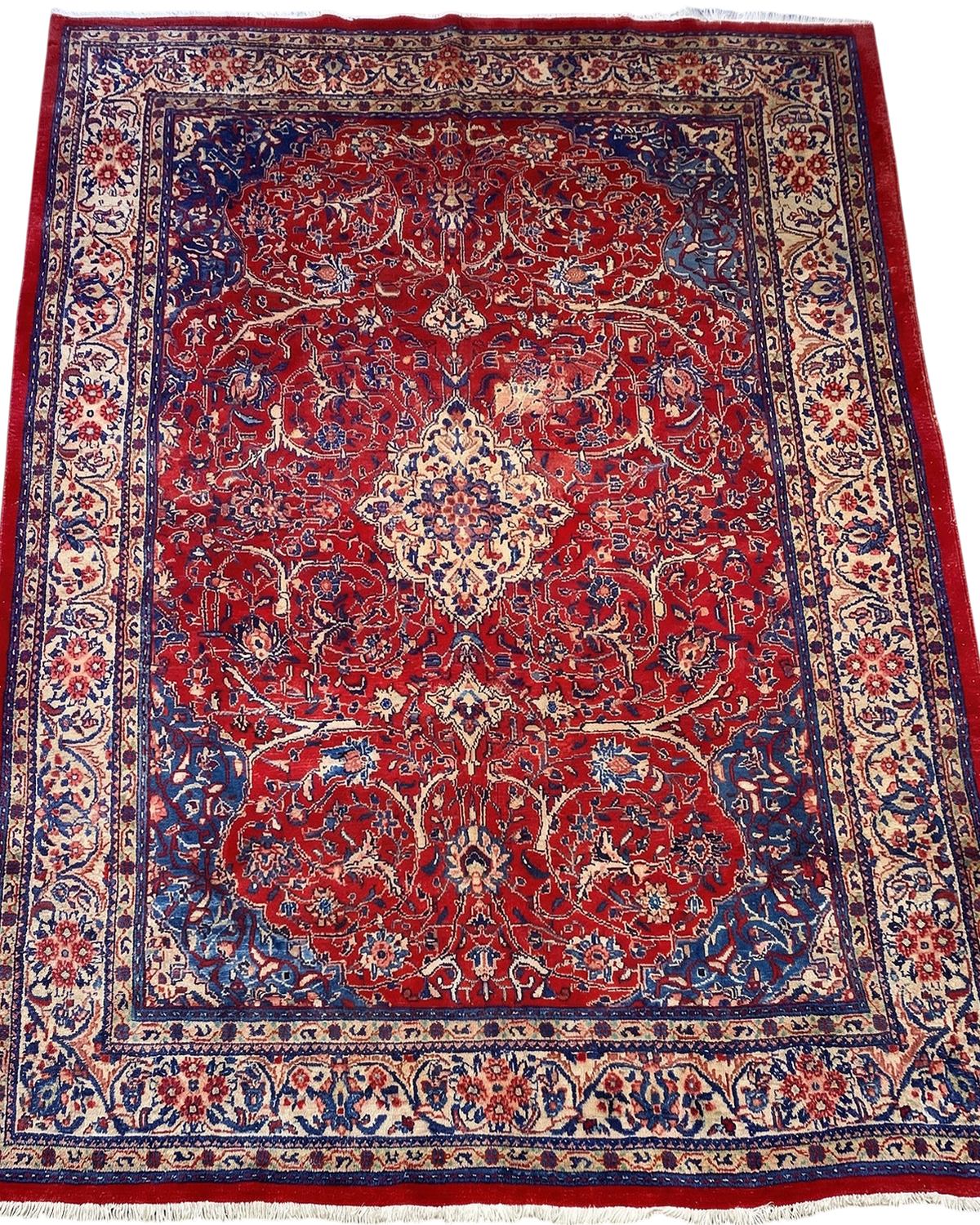 Tappeto Saruk persiano usato 297x222 cm rosso con medaglione centrale e disegno floreale