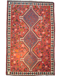 Tappeto Shiraz annodato a mano con fondo rosso e grandi motivi geometrici tribali persiani, misura 240x165 cm