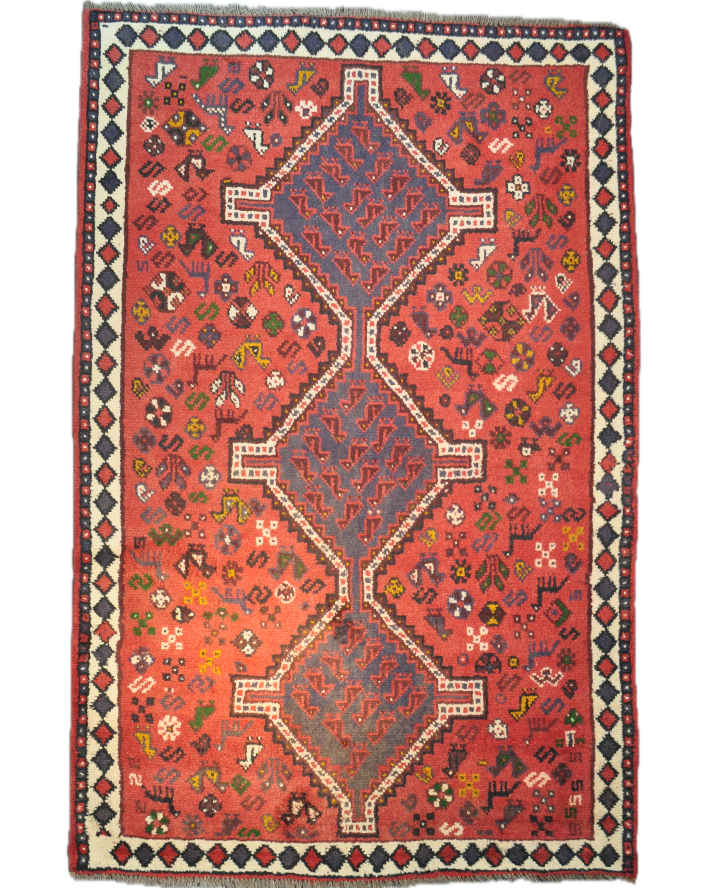 Tappeto Shiraz annodato a mano con fondo rosso e grandi motivi geometrici tribali persiani, misura 240x165 cm