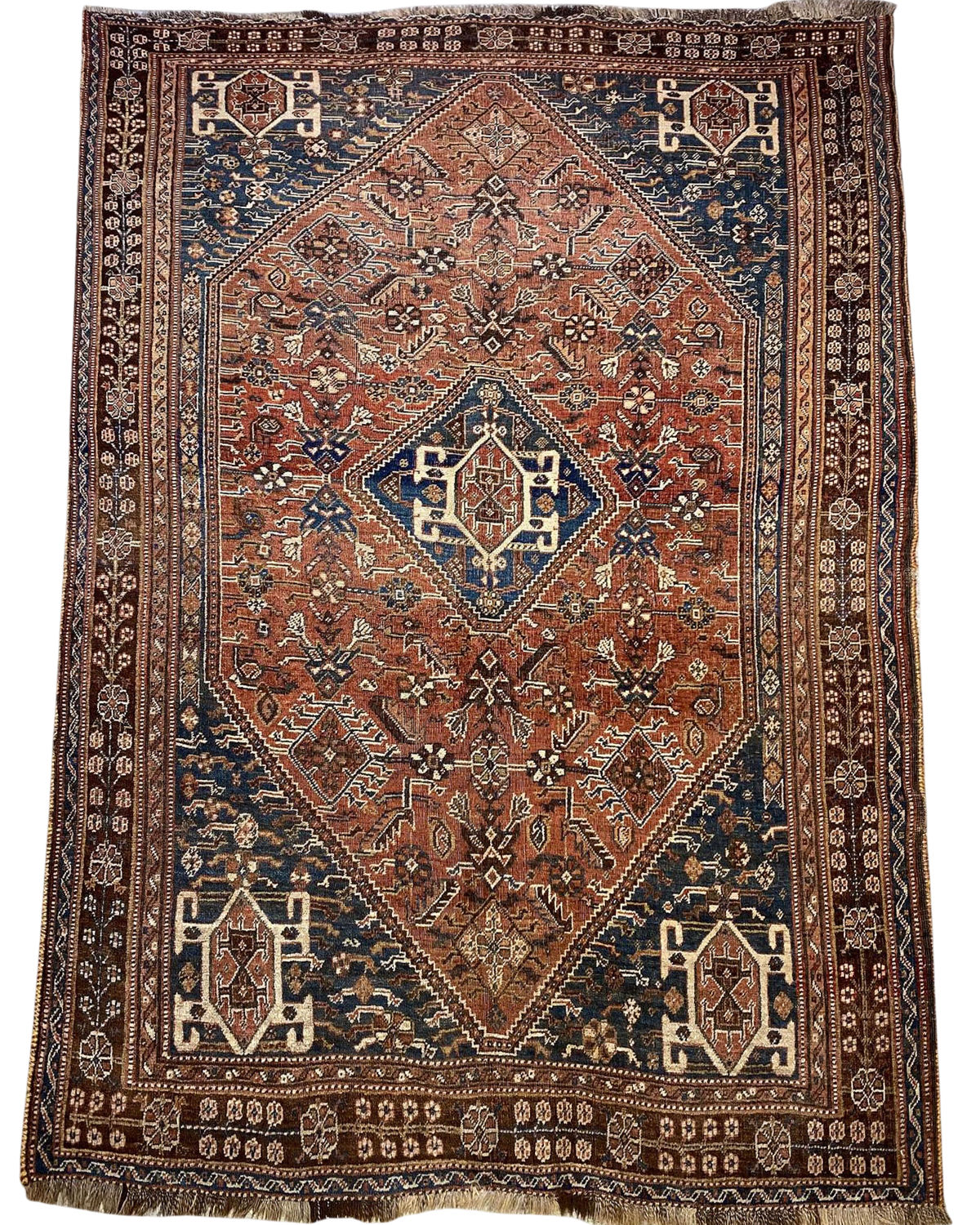 Tappeto Shiraz antico usato 250x165 cm persiano con disegno geometrico rosso e blu