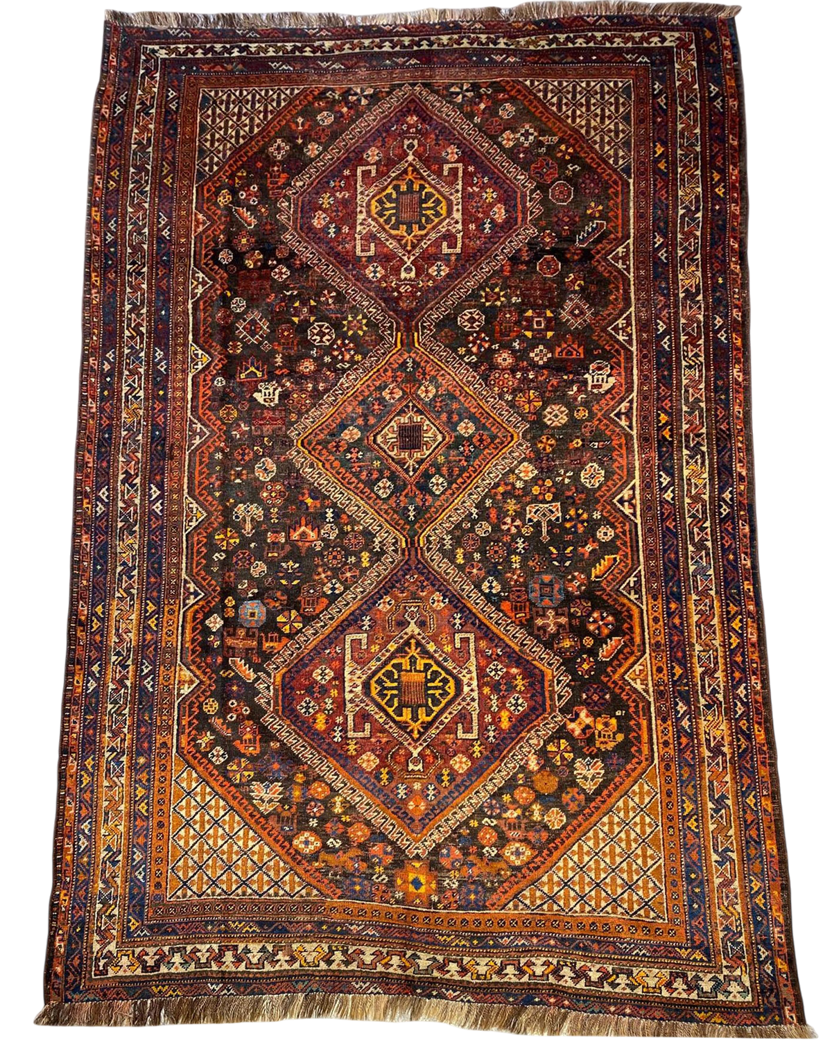 Tappeto persiano Shiraz antico 290x180 cm con disegno tribale geometrico multicolore