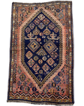 Shiraz persiano usato 115x176 cm con disegno tribale geometrico e campo blu