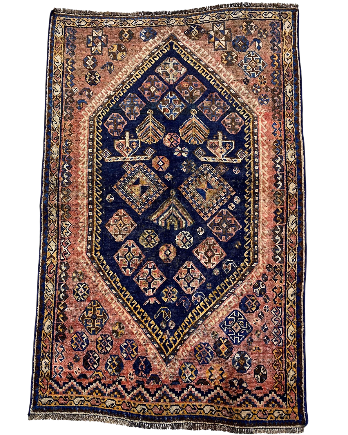 Shiraz persiano usato 115x176 cm con disegno tribale geometrico e campo blu