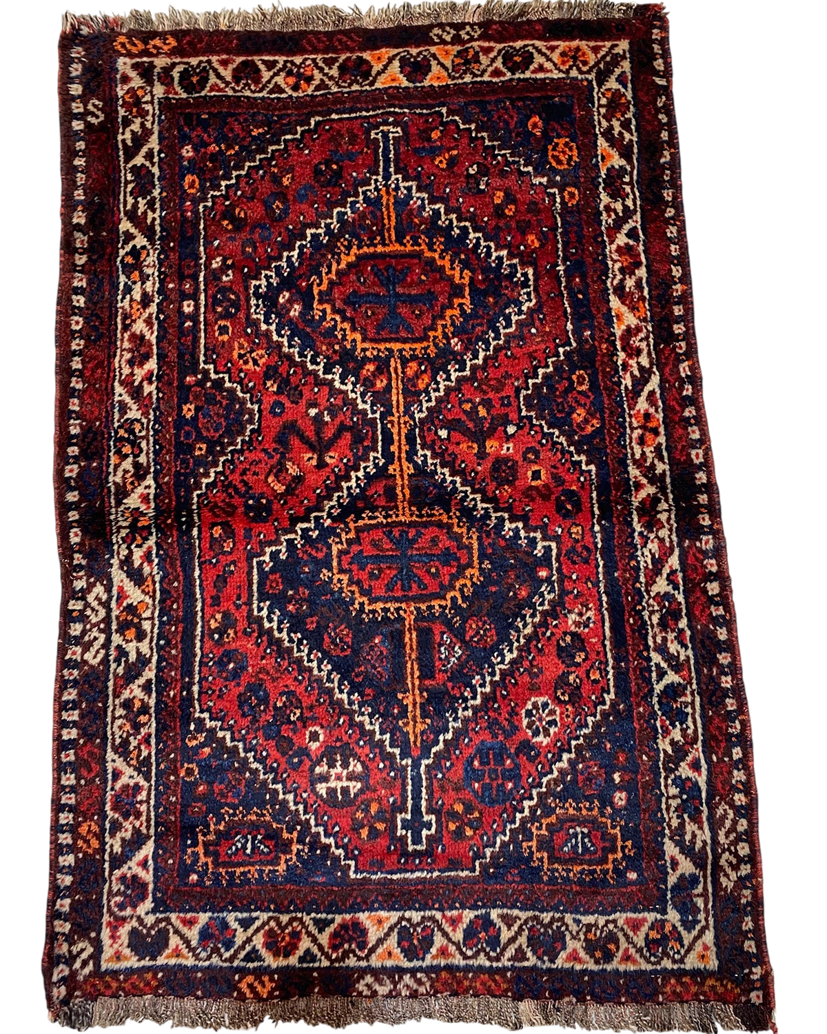 Tappeto persiano Shiraz usato 120x80 cm annodato a mano con disegno geometrico tribale su fondo rosso