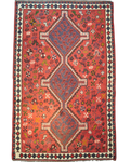 Tappeto Shiraz persiano usato 240x165 cm rosso con tre medaglioni geometrici e motivi tribali multicolore