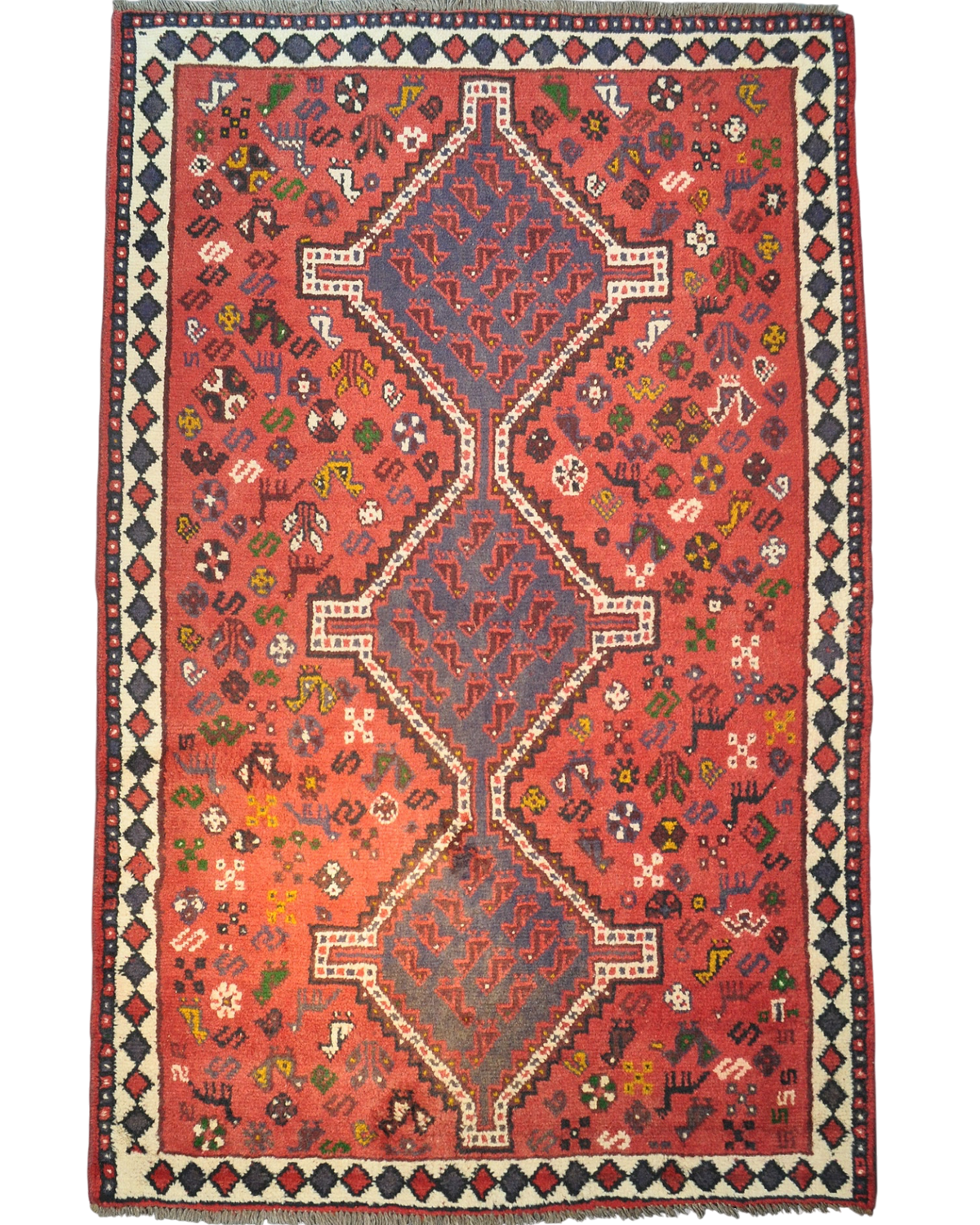 Tappeto Shiraz persiano usato 240x165 cm rosso con tre medaglioni geometrici e motivi tribali multicolore
