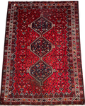 Tappeto persiano Shiraz usato 295x208 cm rosso con tre medaglioni geometrici