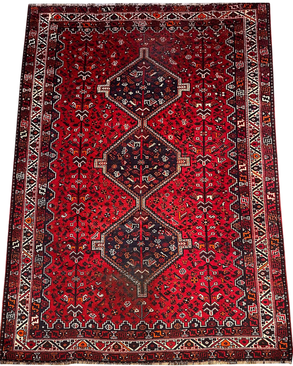 Tappeto persiano Shiraz usato 295x208 cm rosso con tre medaglioni geometrici
