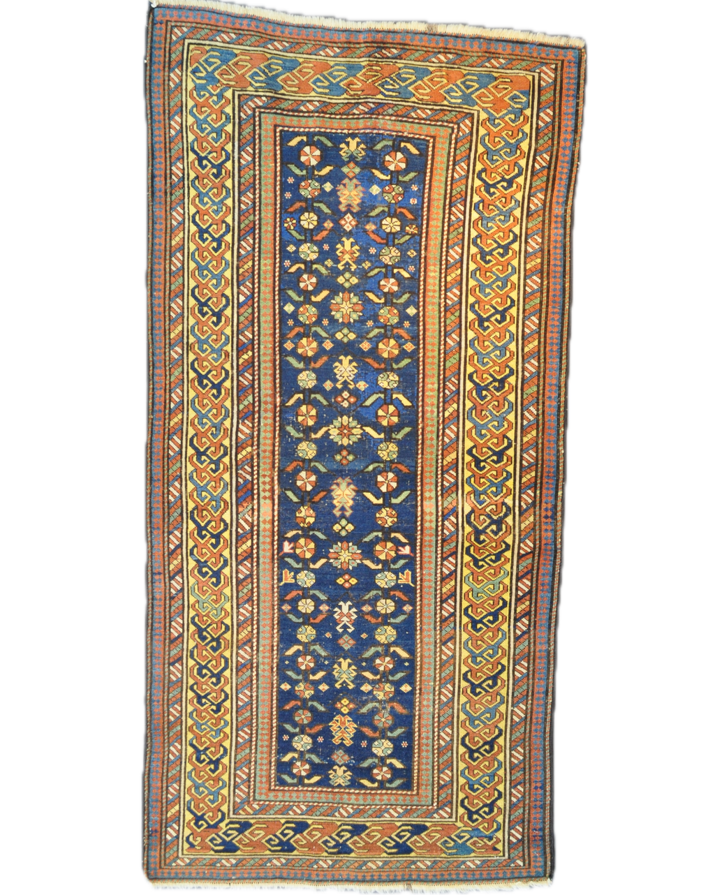 Tappeto Shirvan antico del XIX secolo annodato a mano con motivi geometrici caucasici su fondo blu, misura 205x100 cm