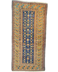 Tappeto Shirvan antico del XIX secolo annodato a mano con motivi geometrici caucasici su fondo blu, misura 205x100 cm