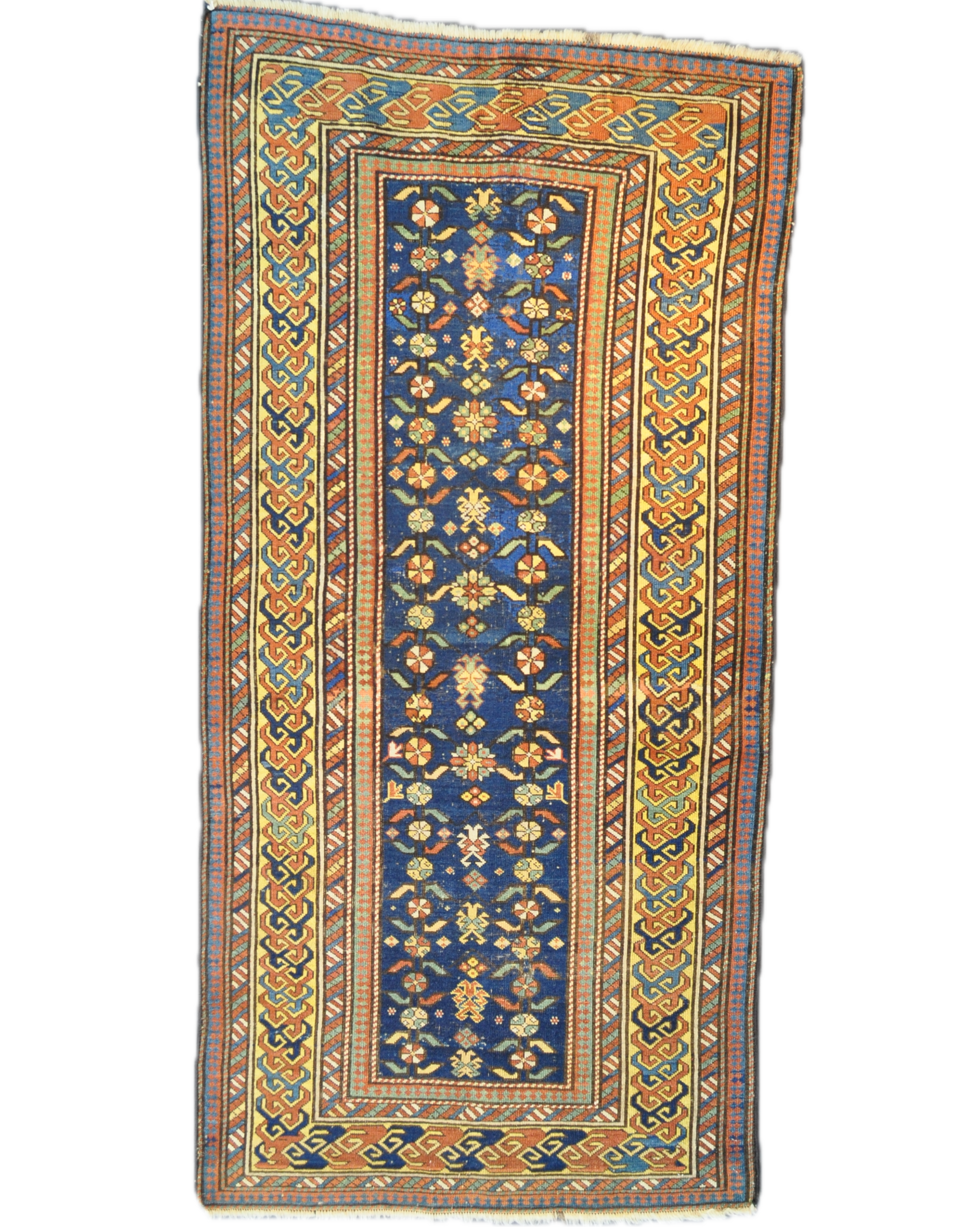 Tappeto Shirvan antico del XIX secolo annodato a mano con motivi geometrici caucasici su fondo blu, misura 205x100 cm