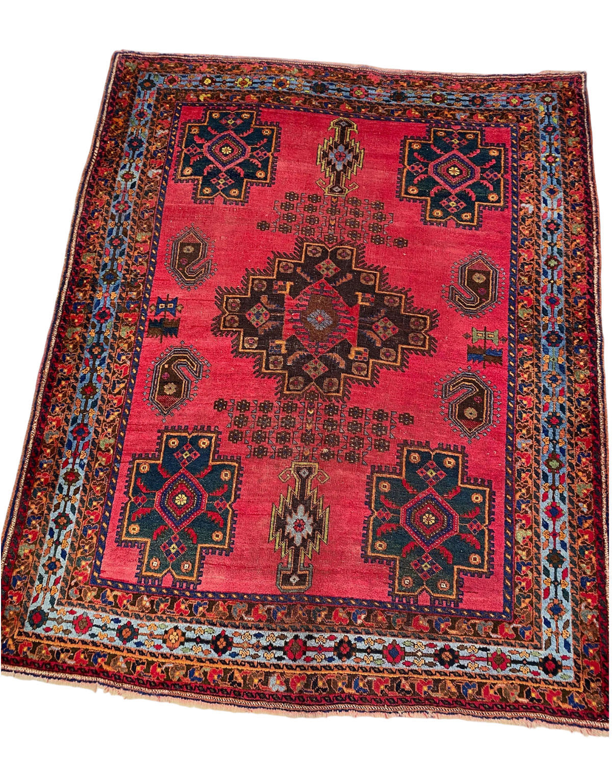 Tappeto Sirjan persiano usato 200x140 cm rosso con medaglione centrale e disegno tribale geometrico