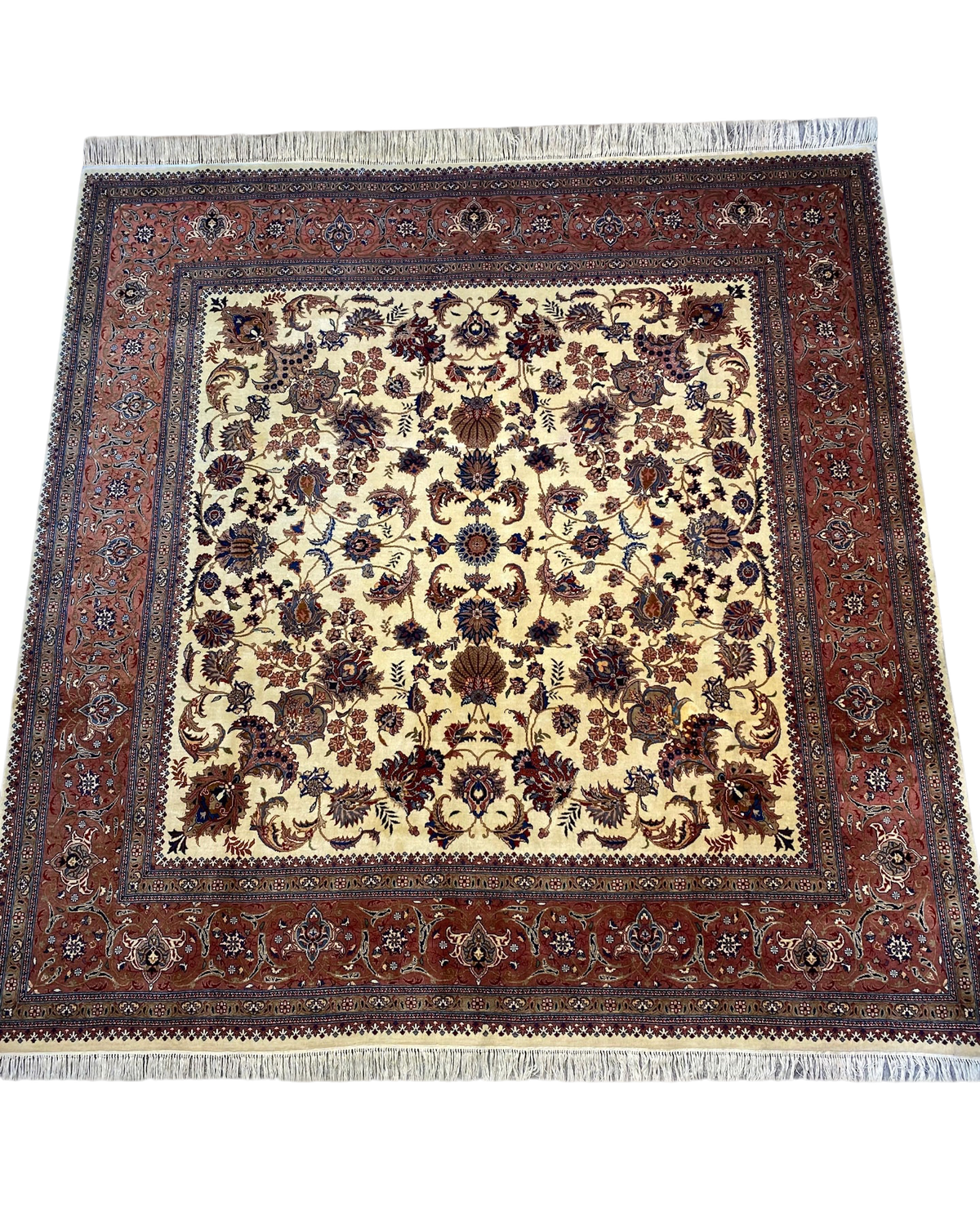 Tappeto Sultanabad usato 250x250 cm con disegno floreale su fondo avorio e bordura terracotta