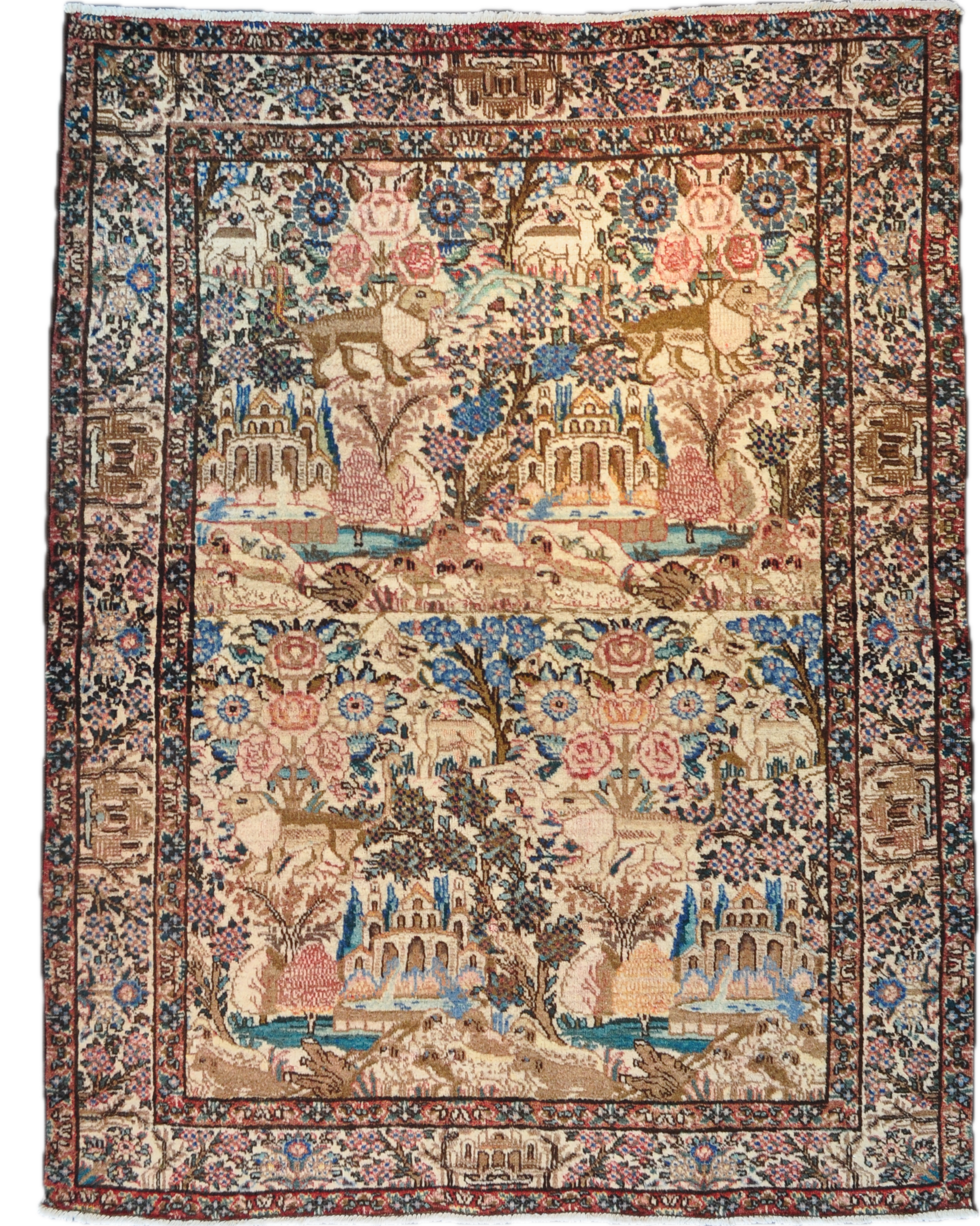 Tappeto Tabriz persiano annodato a mano con paesaggio figurativo, giardino persiano e dettagli floreali, misura 175x140 cm