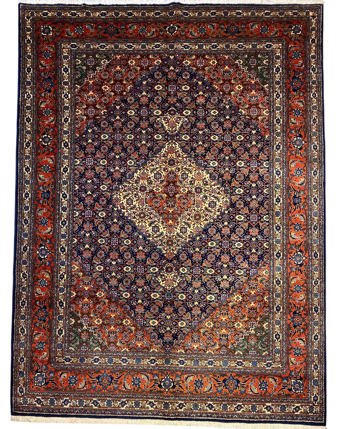 Tappeto Tabriz persiano usato 285x200 cm blu con medaglione centrale e disegno floreale