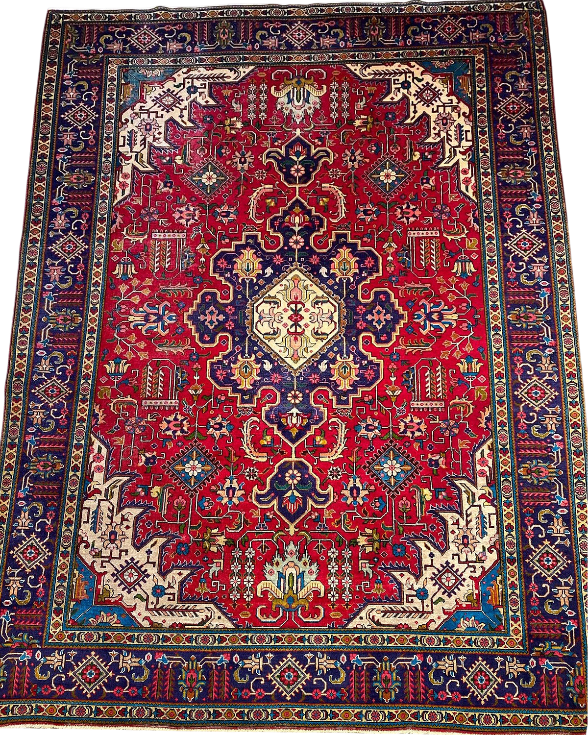Tappeto Tabriz persiano usato 340x242 cm rosso con medaglione centrale e ricco disegno floreale