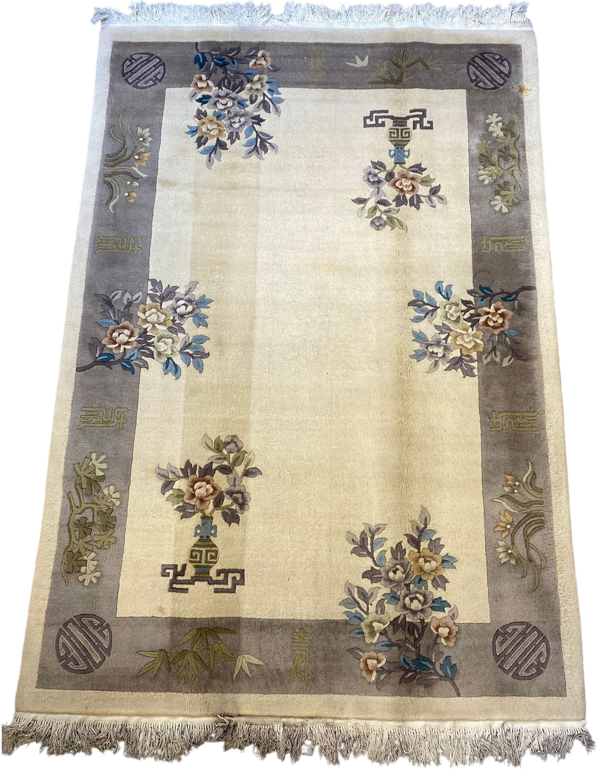 Tappeto Tibetano usato 265x170 cm avorio e grigio con motivi floreali