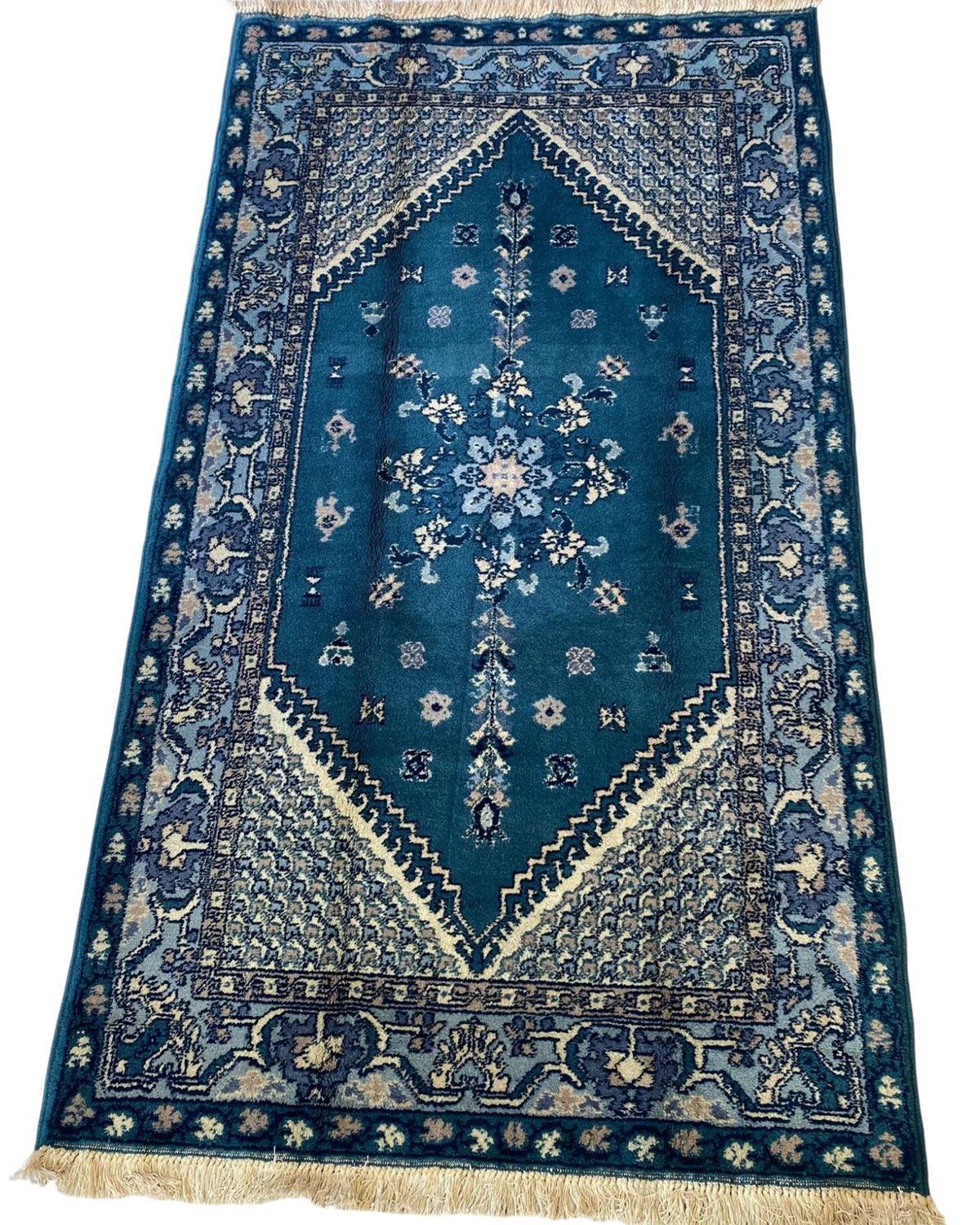 Tappeto tunisino usato 220x120 cm blu petrolio con decori floreali e bordura avorio