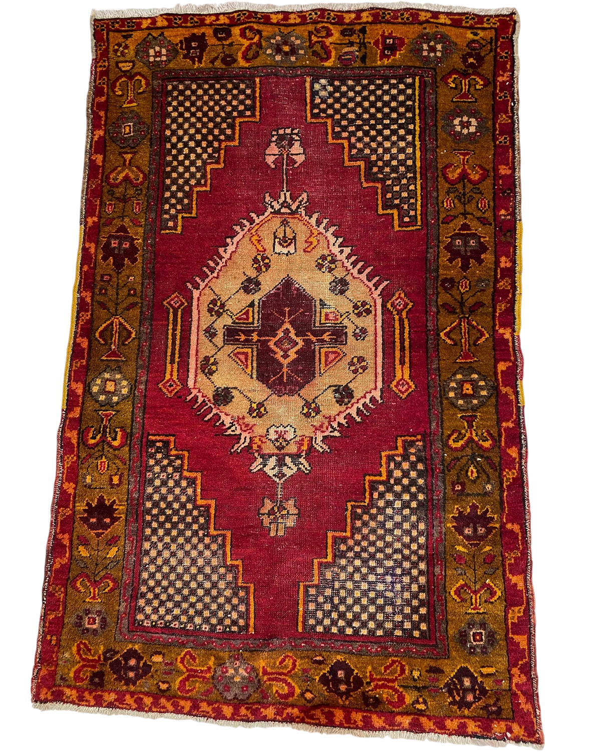 Tappeto turco usato 160x105 cm rosso con medaglione geometrico e bordura decorata